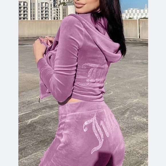 JUICY COUTURE Velour OG Bling Tracksuit Hoodie & Pant Set Pink Violet Tulle - Picture 1 of 16